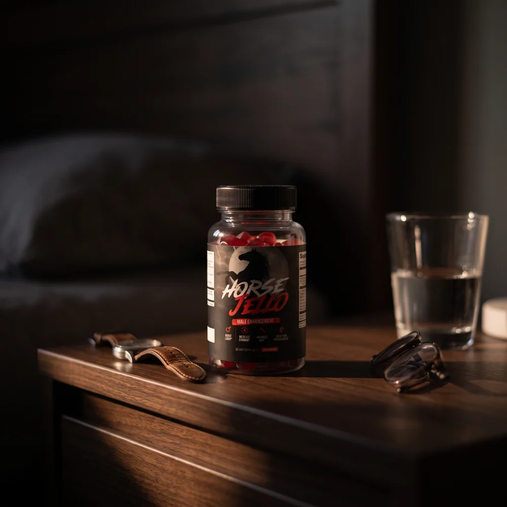 A jar of Horse Jello® on a nightstand at dawn